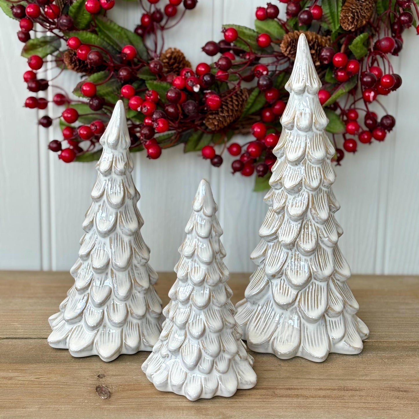Glazed Ceramic Scalloped Christmas Tree Decorations | White Christmas Ornaments | Modern Tabletop Christmas Decor