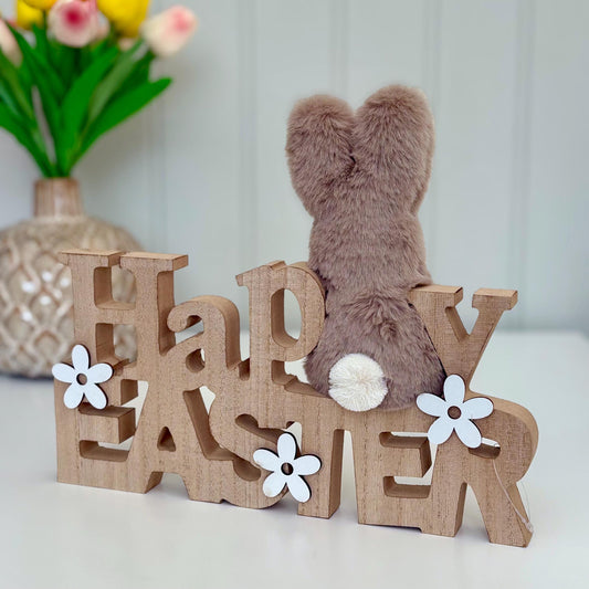 Happy Easter Wooden Display Sign with Fur Bunny Rabbit