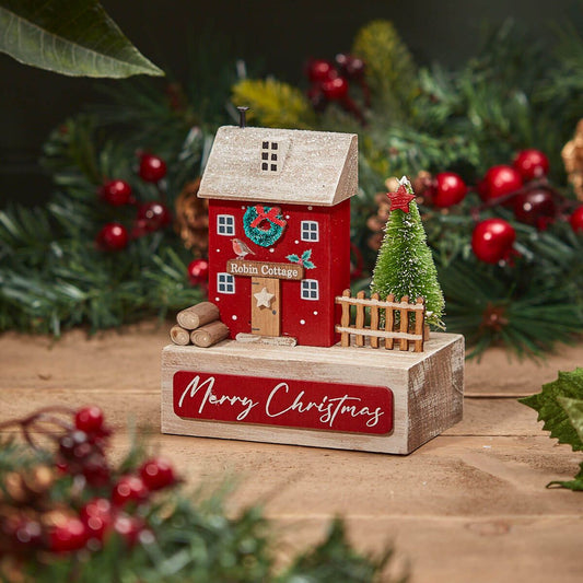 Christmas Robin Cottage Wooden House Block