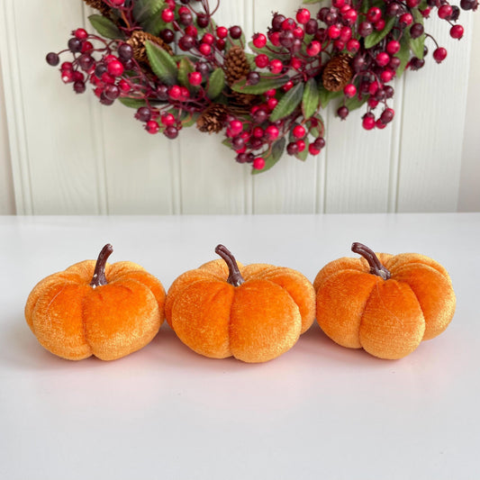 Set of Three Velvet Orange Pumpkin Ornaments
