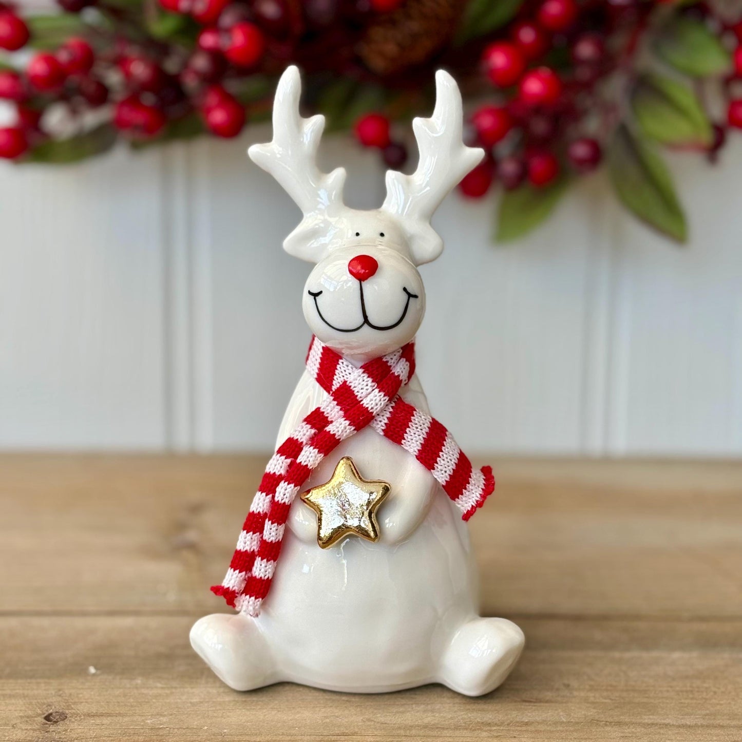 White Ceramic Christmas Sitting Reindeer with Red & White Scarves | Christmas Ceramic Figurine Ornaments