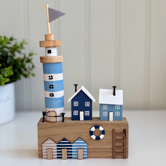 Wooden Seaside Lighthouse Scene Ornament
