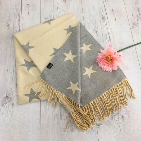 Beige & Grey Cashmere Blend Star Print Reversible Tasseled Autumn Winter Scarves