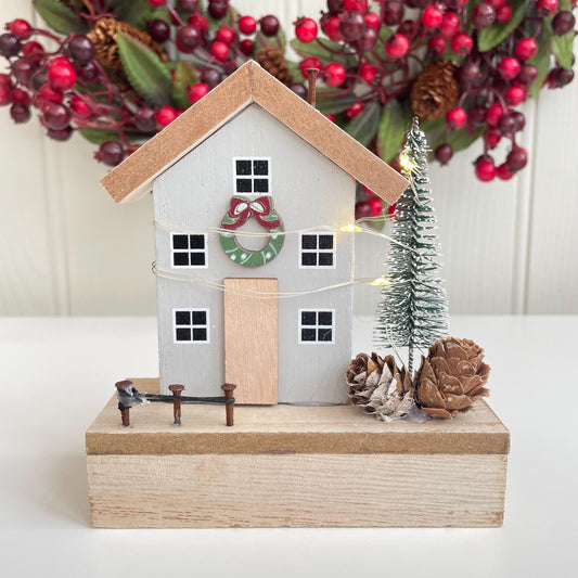 Rustic Wooden Light Up Christmas House Scene