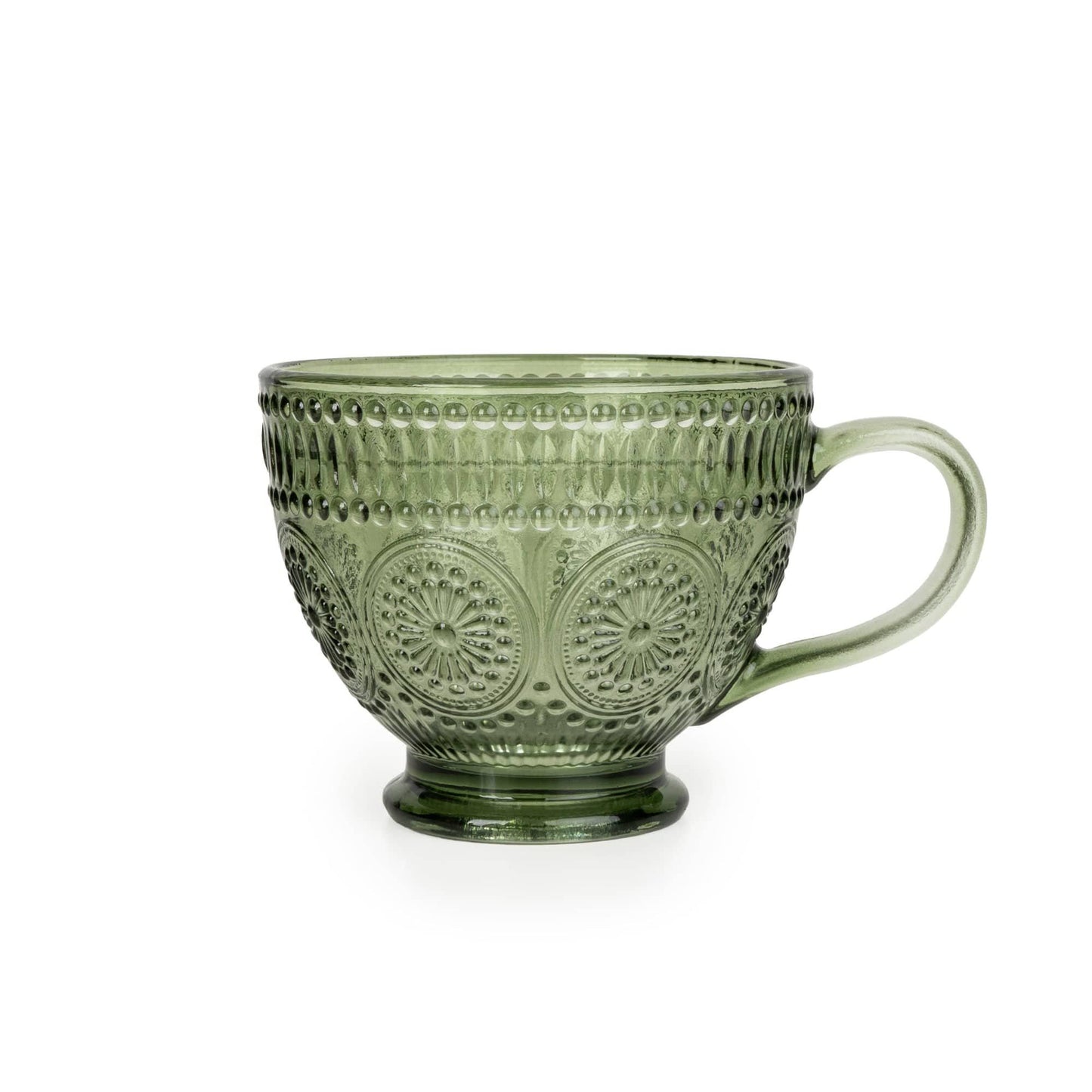 Embossed Pressed Glass Mugs | Blue & Green Embossed Vintage Style Glassware