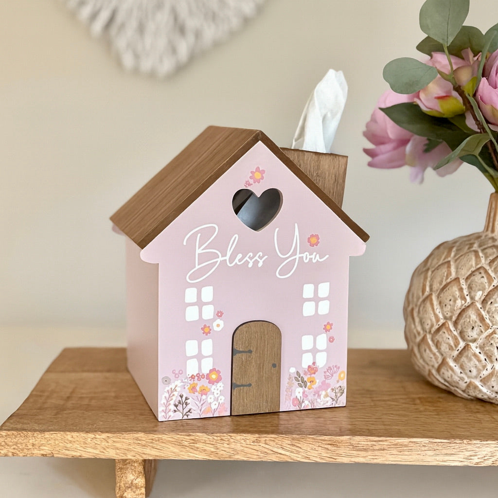House Shaped Bless You Wooden Tissue Box Cover