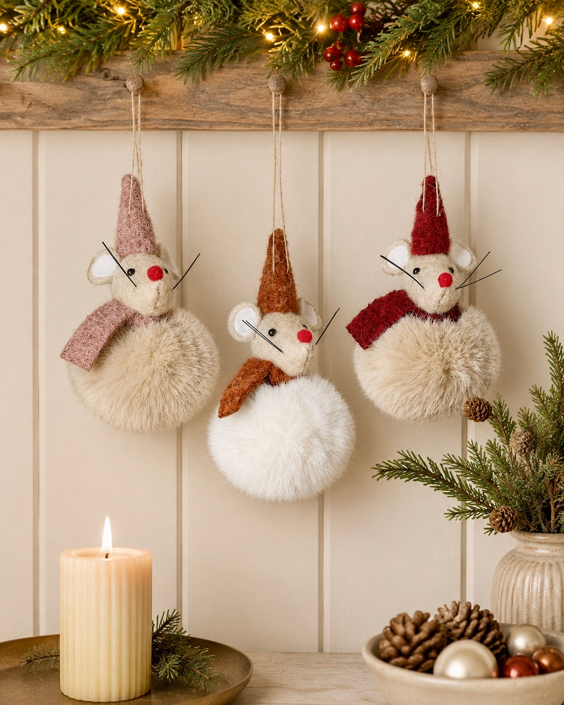Hanging Fluffy Pom Pom Mouse Christmas Decorations