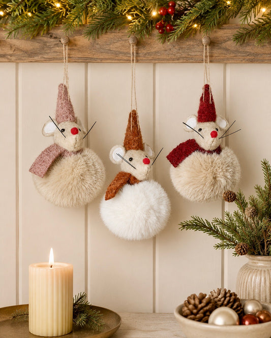 Hanging Fluffy Pom Pom Mouse Christmas Decorations