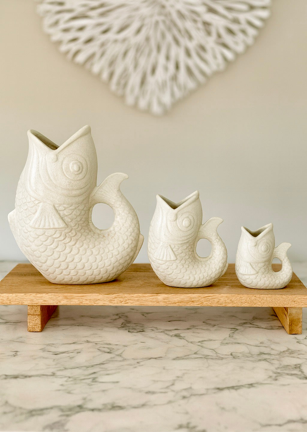 White Ceramic Glug Jug Fish Pitcher | Ceramic Gurgle Coastal Vase