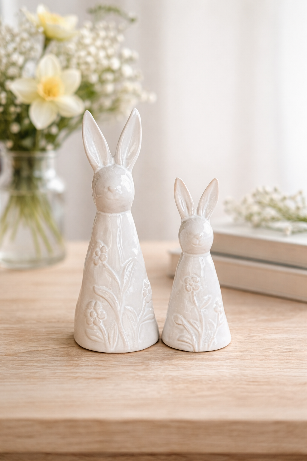 White Ceramic Floral Bunny Rabbit Ornaments