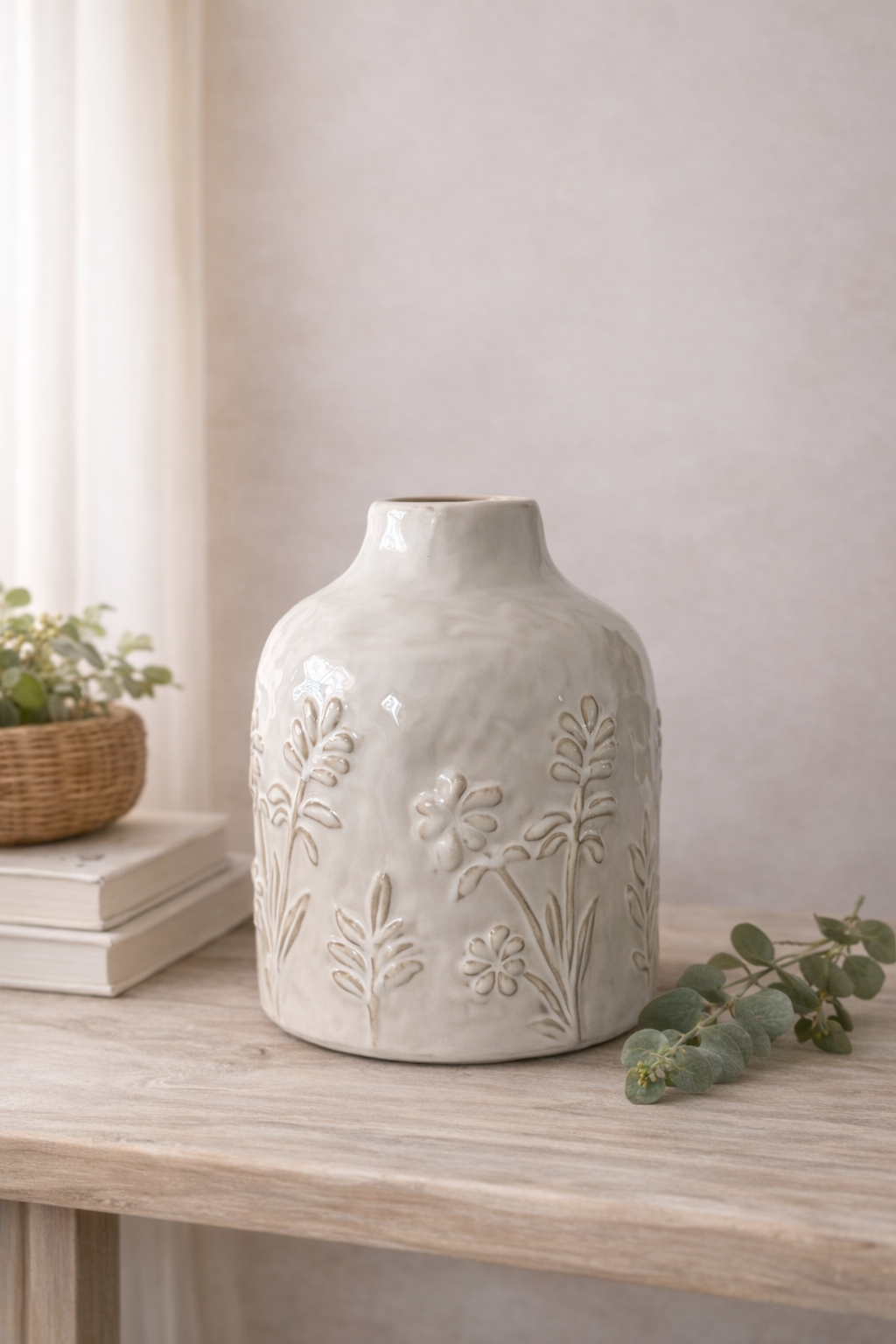 White Ceramic Floral Vase with Embossed Botanical Detail
