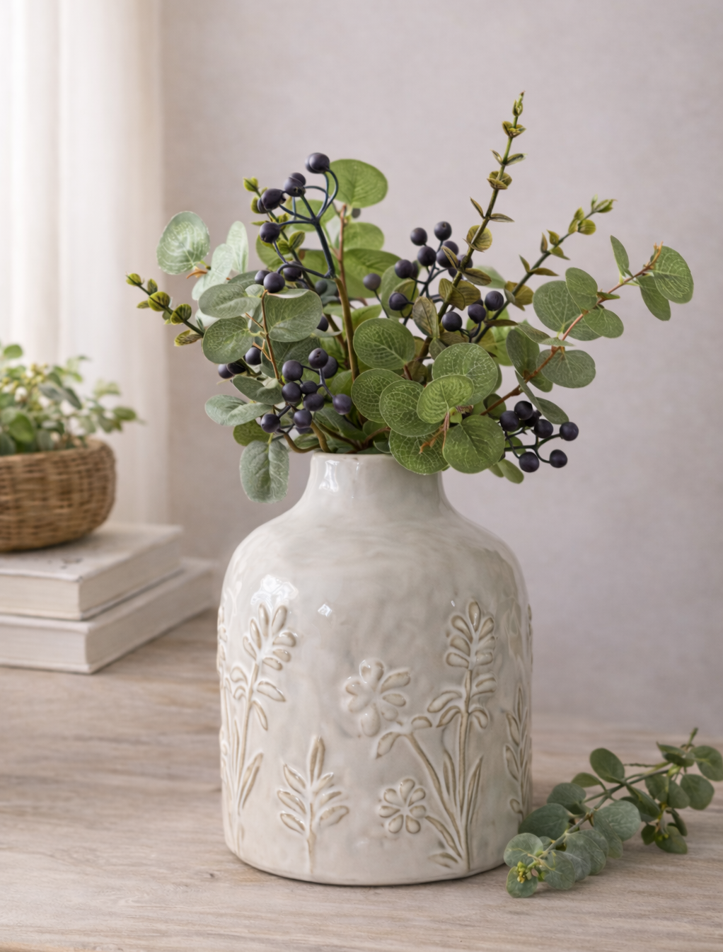 White Ceramic Floral Vase with Embossed Botanical Detail
