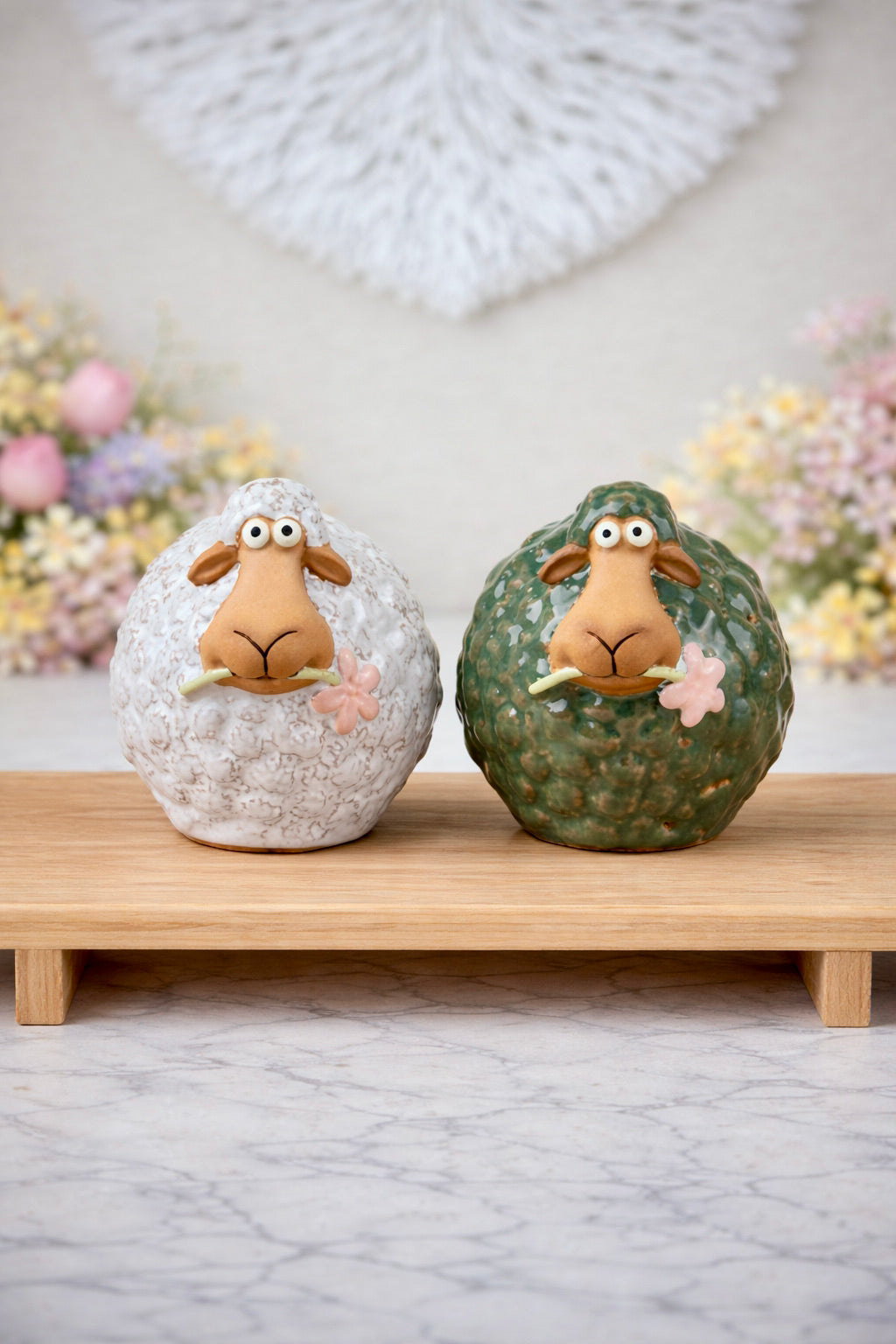 Ceramic Round Green & White Sheep Figurine Ornaments