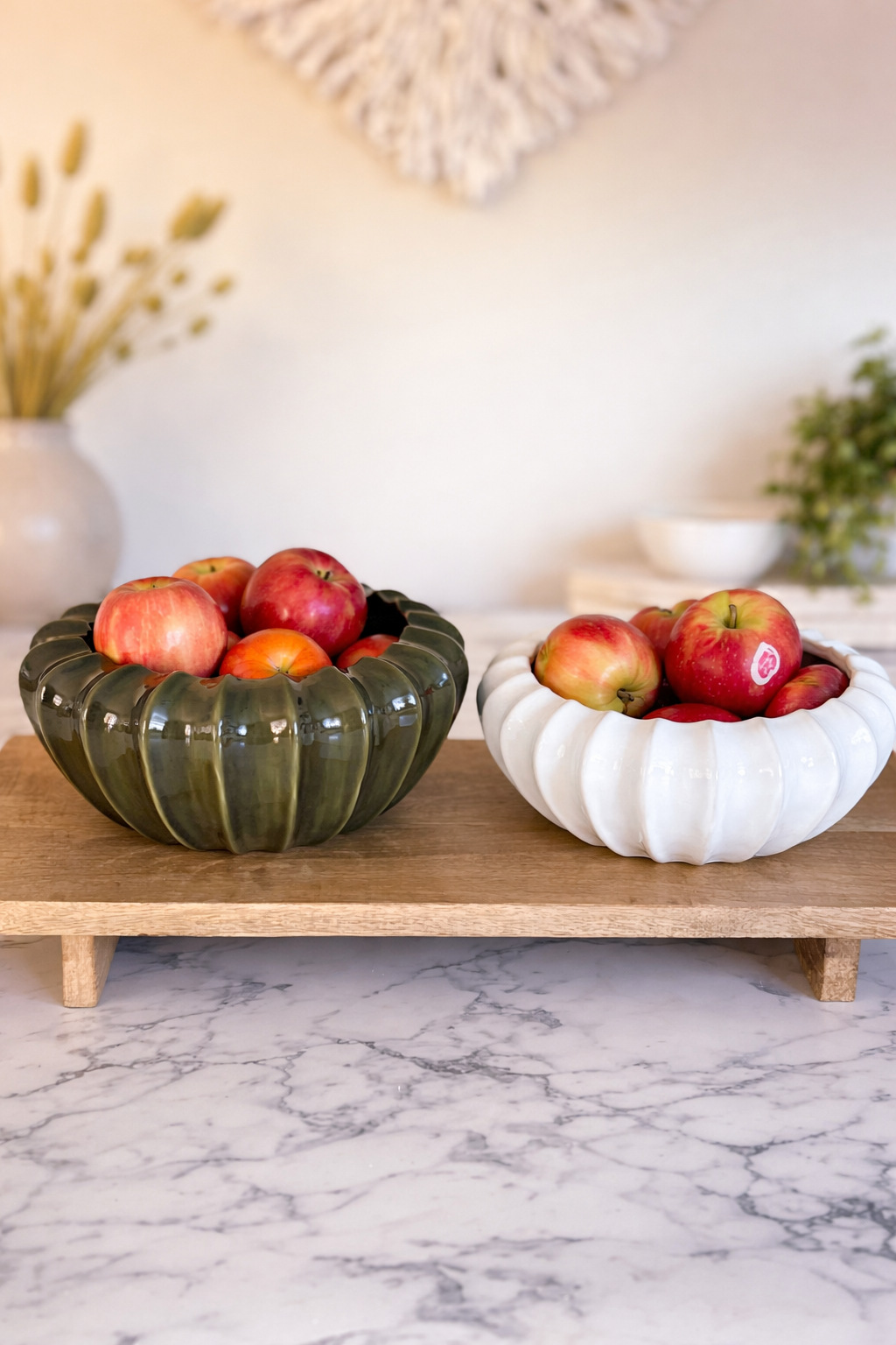 Ceramic Decorative Pod Bowls – White & Olive Green Glazed Bowl Ornaments