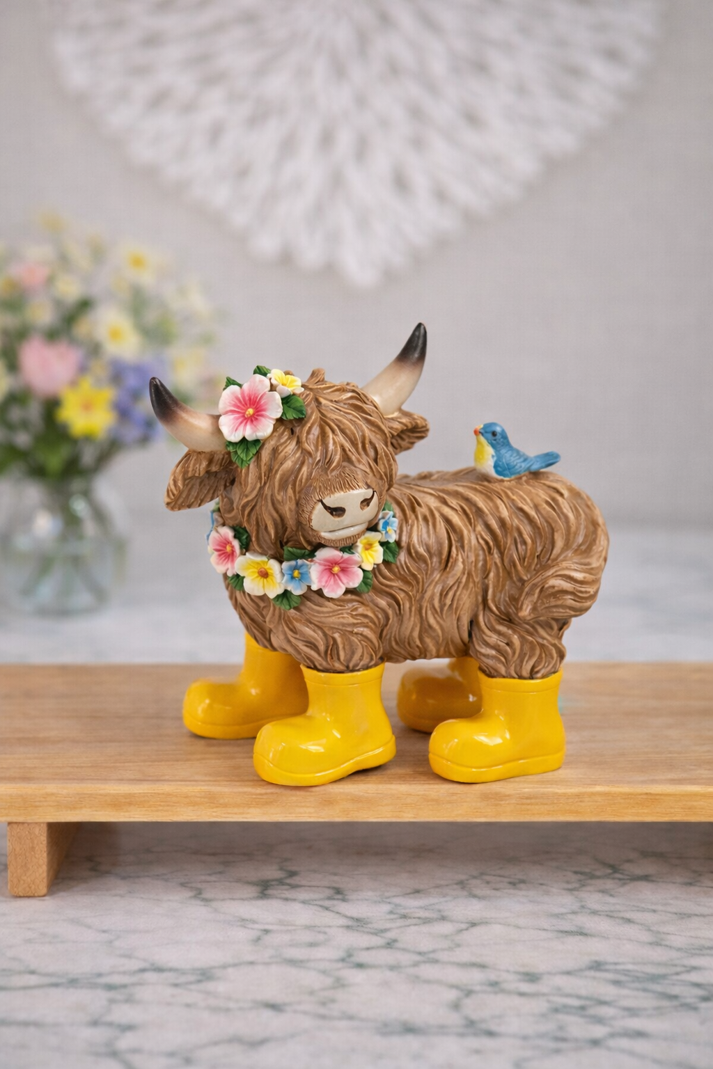 Spring Highland Cow Figurine Ornament with Yellow Boots - Daisy Cow