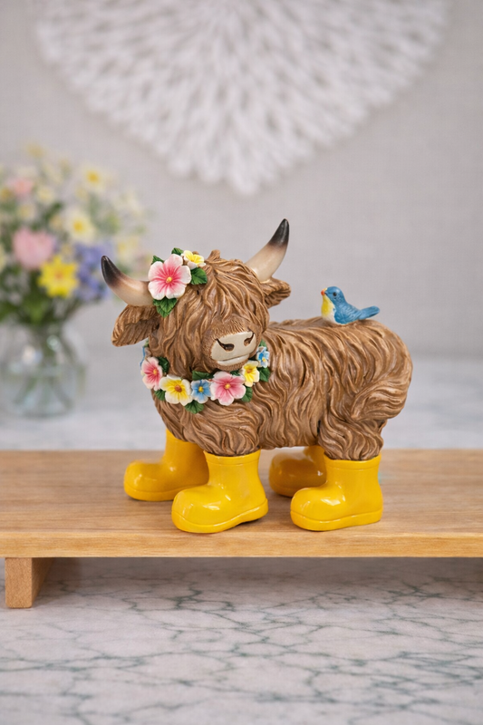 Spring Highland Cow Figurine Ornament with Yellow Boots - Daisy Cow