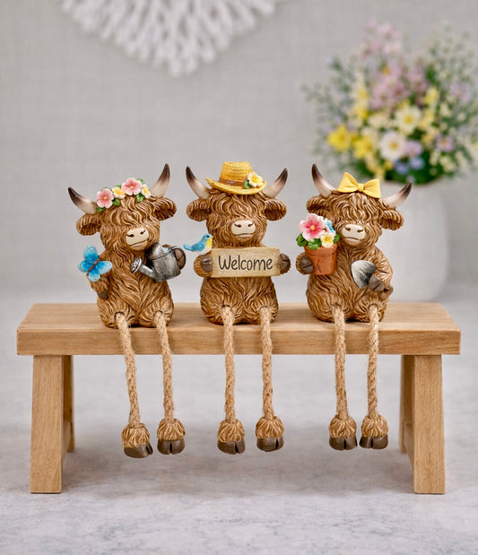 Resin Shelf Sitting Highland Cow Ornaments - Elsie, Charlie & Willow Cows
