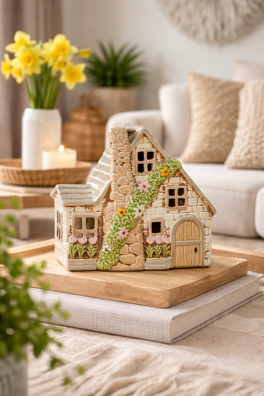 Ceramic Stone Cottage Tea Light Holder Ornament