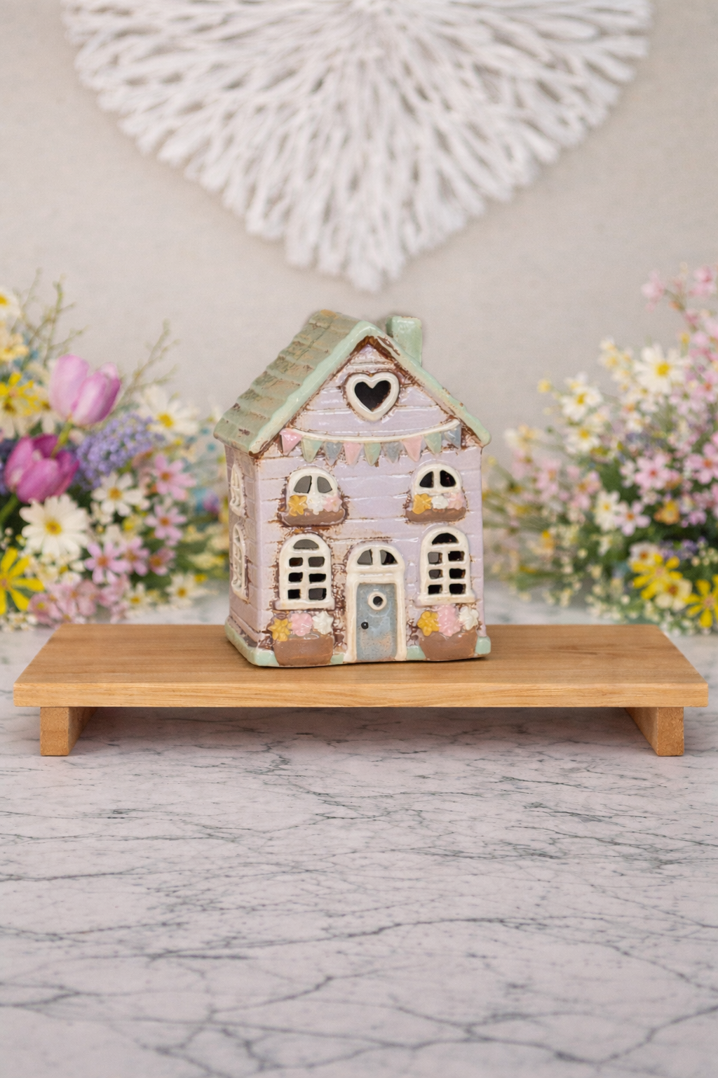 Ceramic Tea Light Cottage With Bunting Ornament