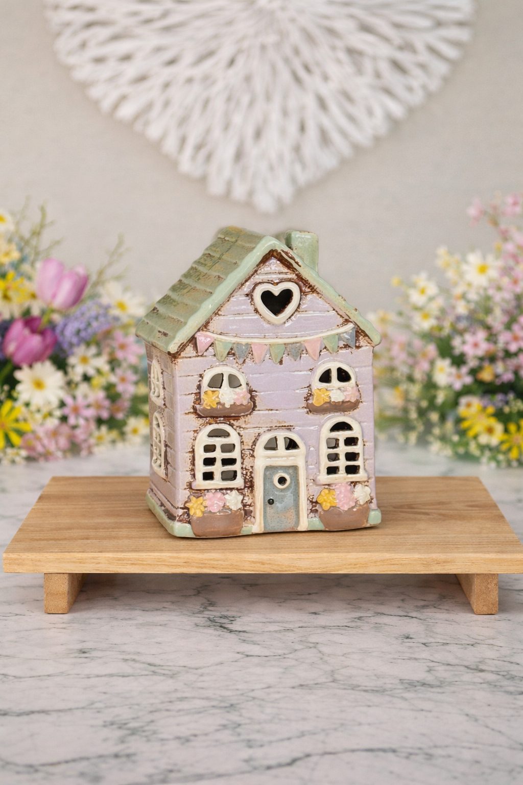 Ceramic Tea Light Cottage With Bunting Ornament