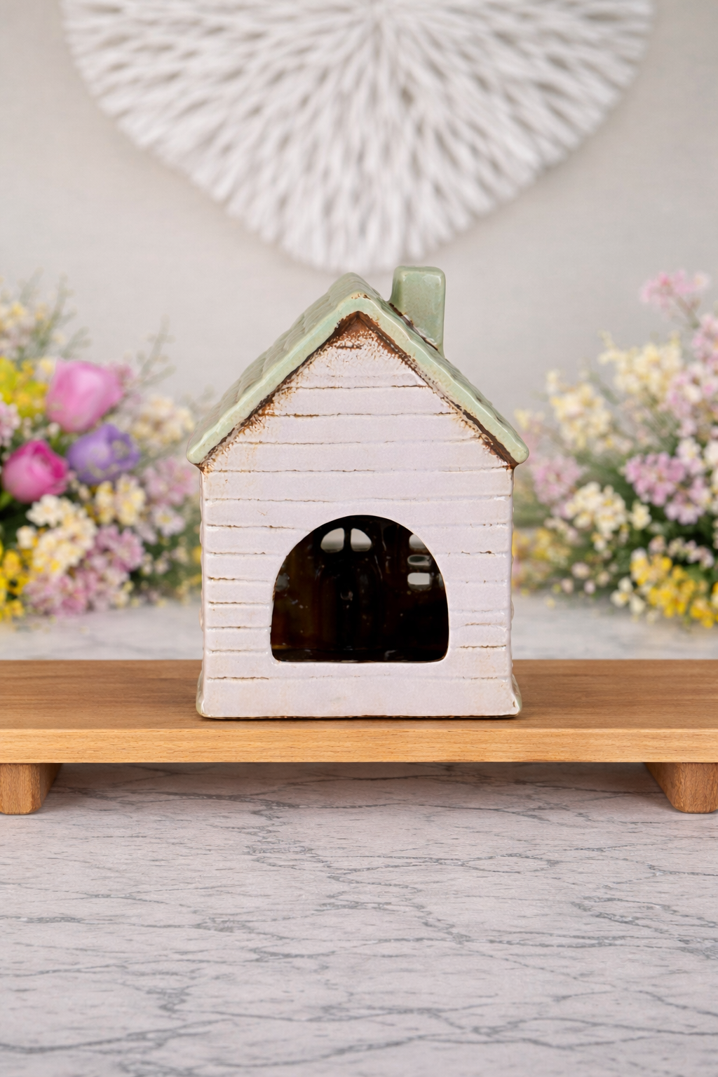 Ceramic Tea Light Cottage With Bunting Ornament