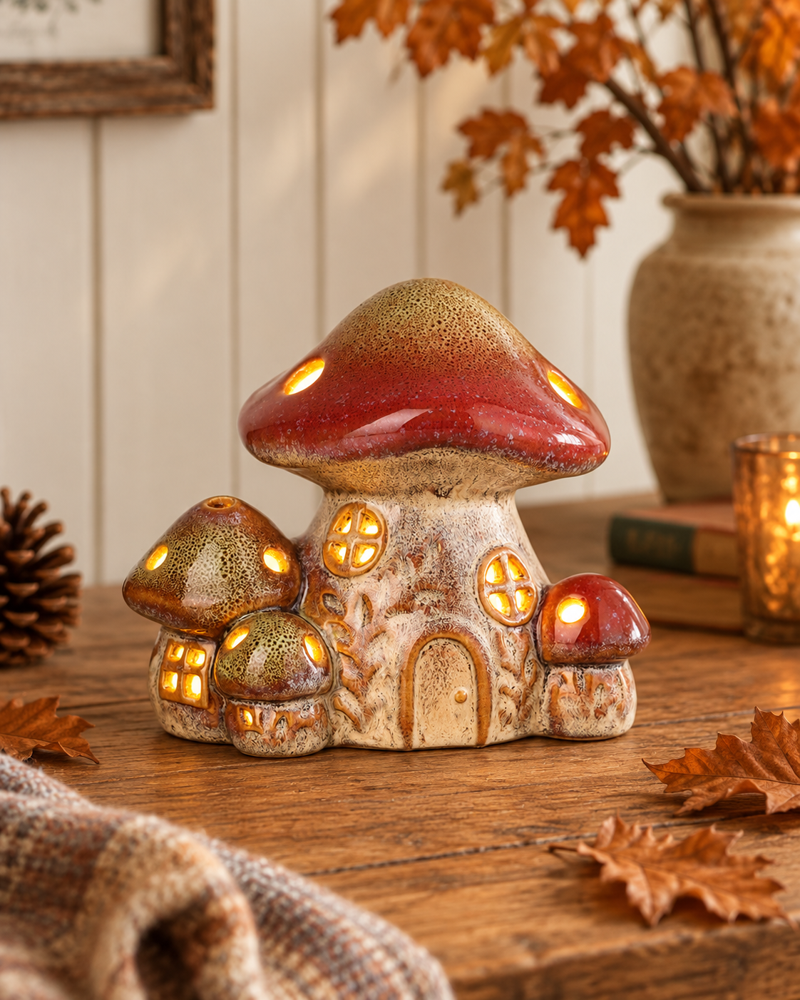 Ceramic Mushroom Toadstool House Candle Holder Autumn Ornament