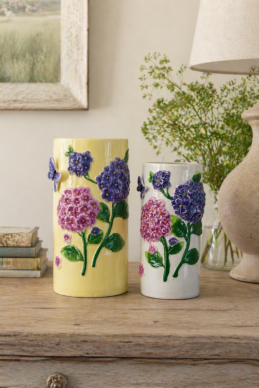 Ceramic Embossed Hydrangea Flower Vase With Butterfly Detail