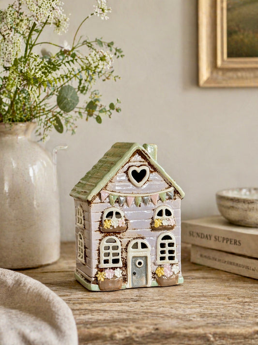 Ceramic Tea Light Cottage With Bunting Ornament