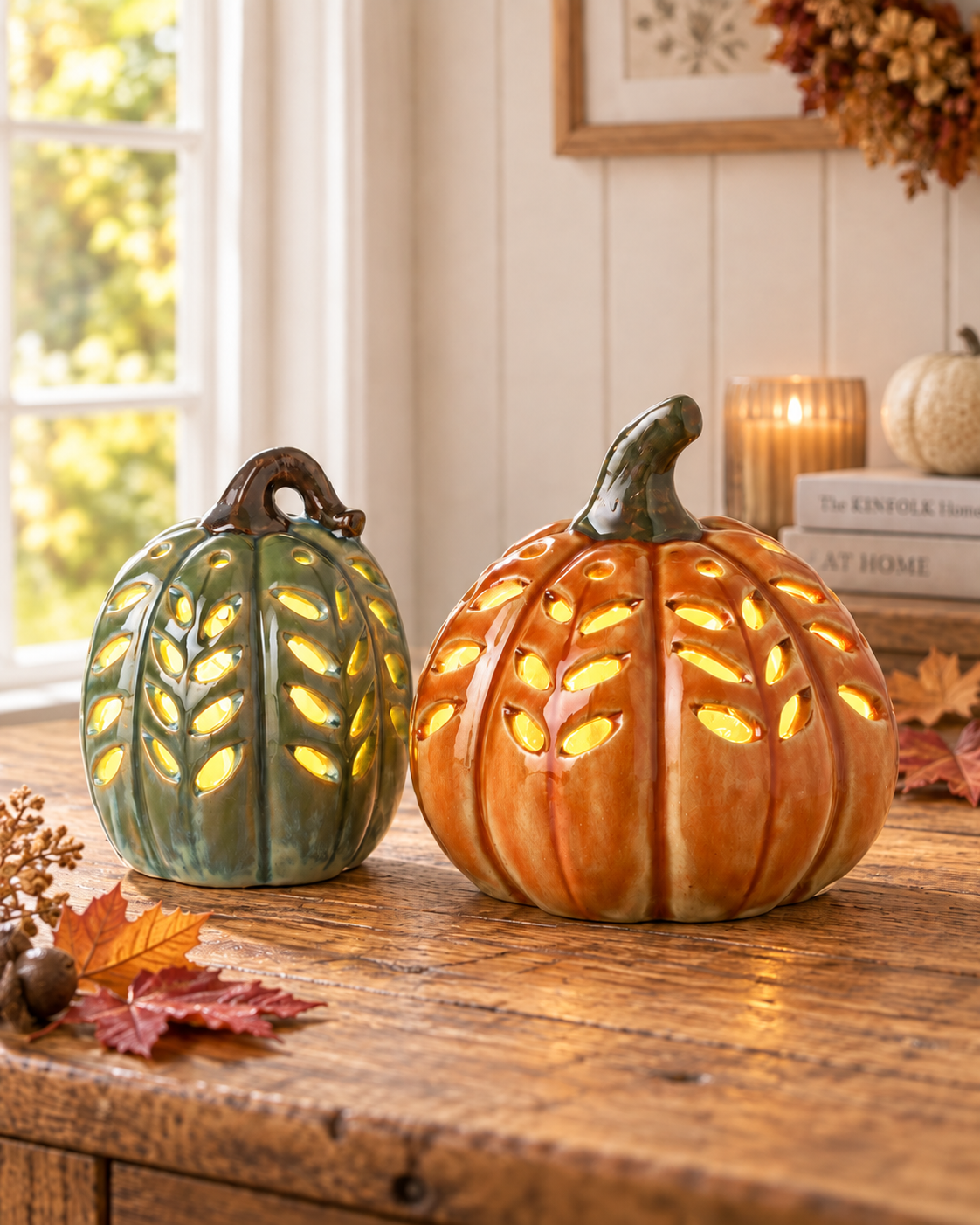 Ceramic Autumn LED Pumpkin Squash Ornaments Green & Orange