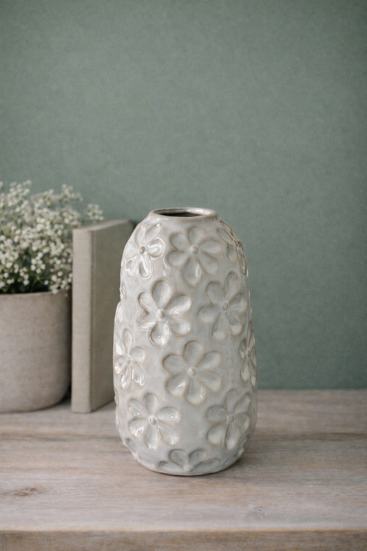 White Ceramic Flower Vase with Embossed Floral Detail