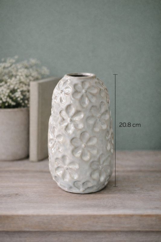 White Ceramic Flower Vase with Embossed Floral Detail