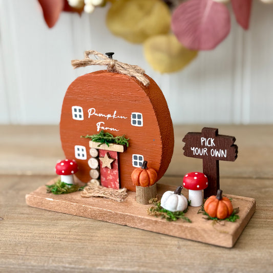 Pumpkin Farm Cottage Block Ornament – Rustic Autumn Tiered Tray & Fall Shelf Décor