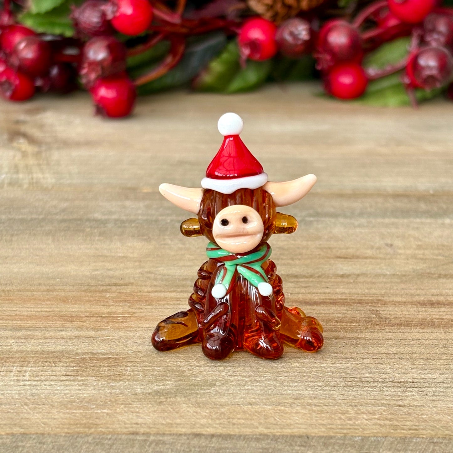Miniature Glass Christmas Highland Cow Figurine Collectable Ornament