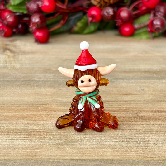 Miniature Glass Christmas Highland Cow Figurine Collectable Ornament