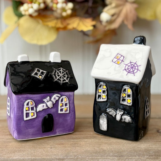 Ceramic LED Halloween Houses | Light Up Black & Purple Haunted House Ornaments | Spooky Mantel Tabletop Halloween Decoration