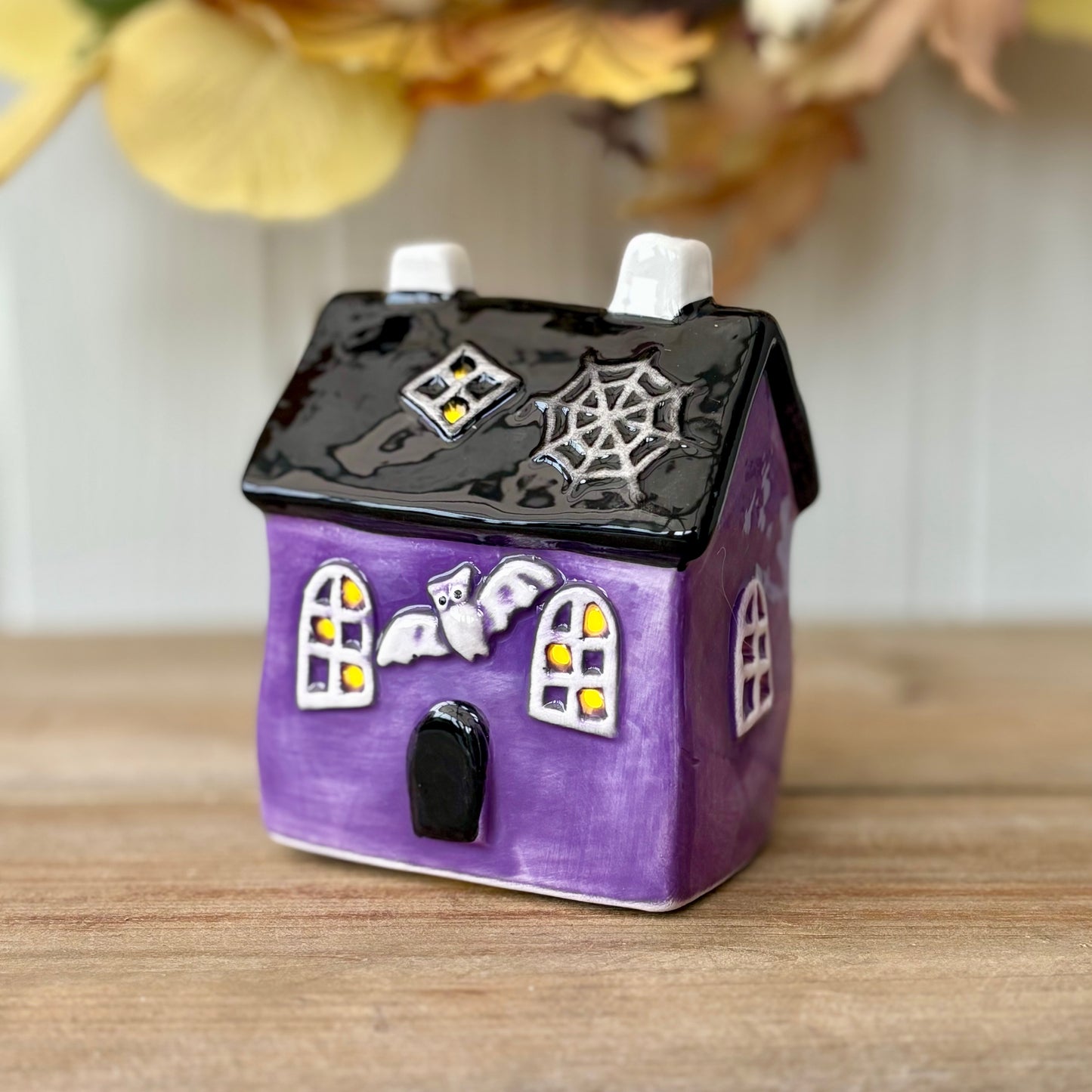Ceramic LED Halloween Houses | Light Up Black & Purple Haunted House Ornaments | Spooky Mantel Tabletop Halloween Decoration