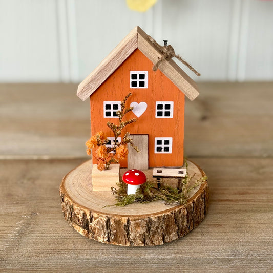 Autumn Woodland House Scene on Wooden Base Ornament