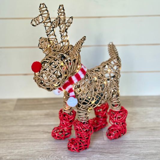 Christmas Light Up Rattan Reindeer in Red Boots & Scarf Decoration