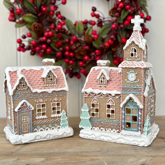 Light Up Gingerbread House & Church Christmas Ornaments