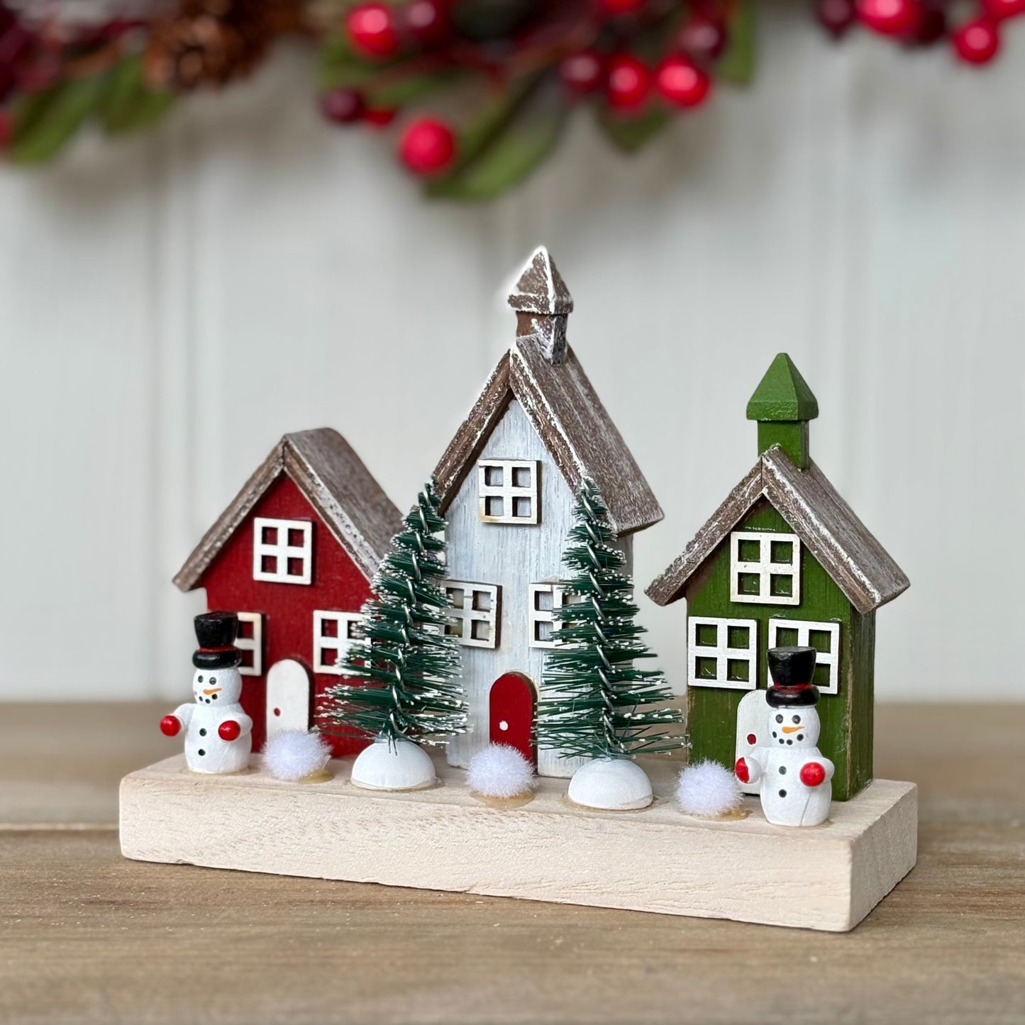 Rustic Wooden Christmas Village House Scene with Snowmen & Trees