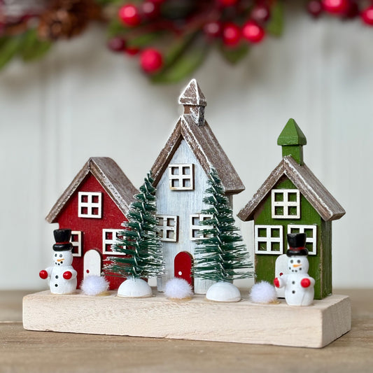 Rustic Wooden Christmas Village House Scene with Snowmen & Trees