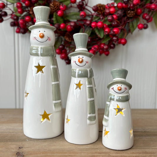 Ceramic LED Snowman Decorations with Cutout Stars