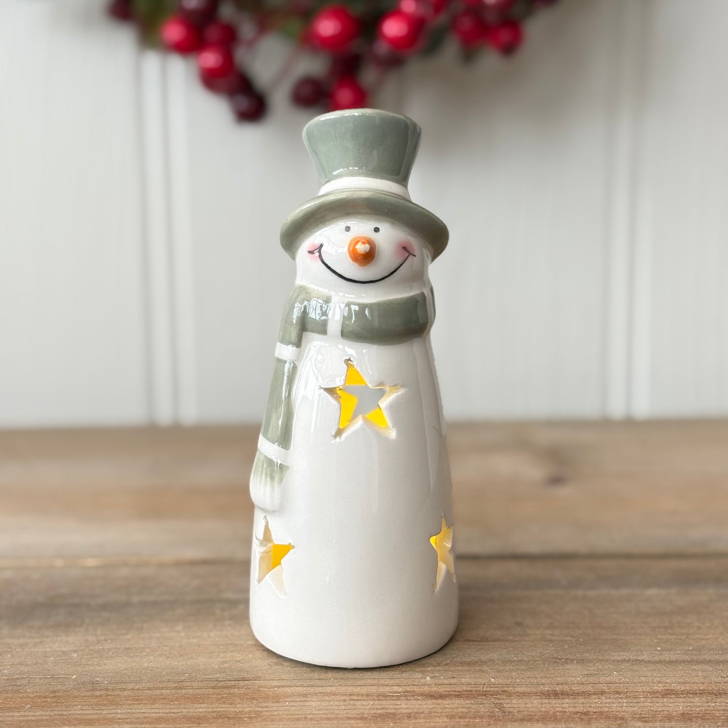 Ceramic LED Snowman Decorations with Cutout Stars