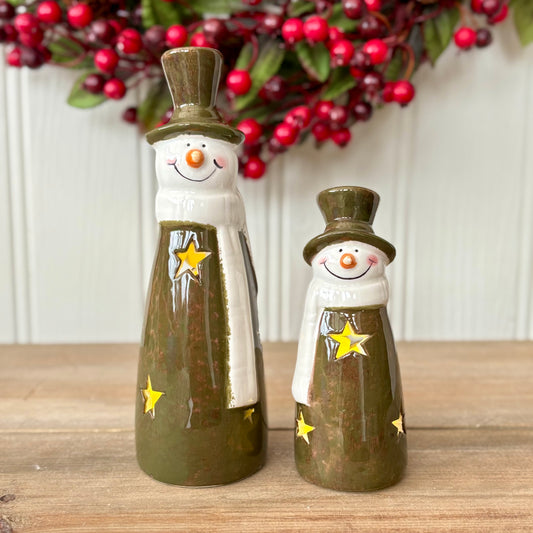 Green Ceramic LED Snowman Decoration with Cutout Stars