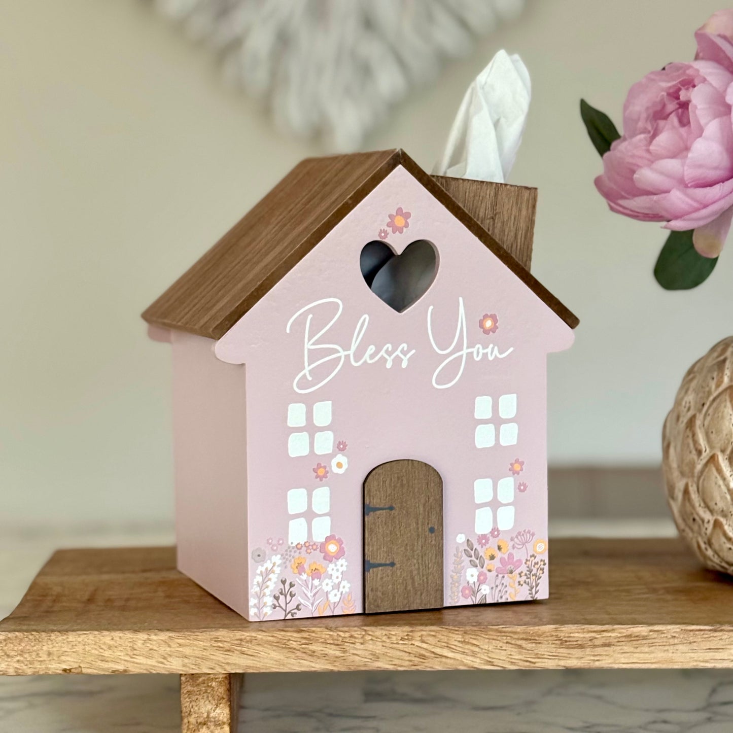 House Shaped Bless You Wooden Tissue Box Cover