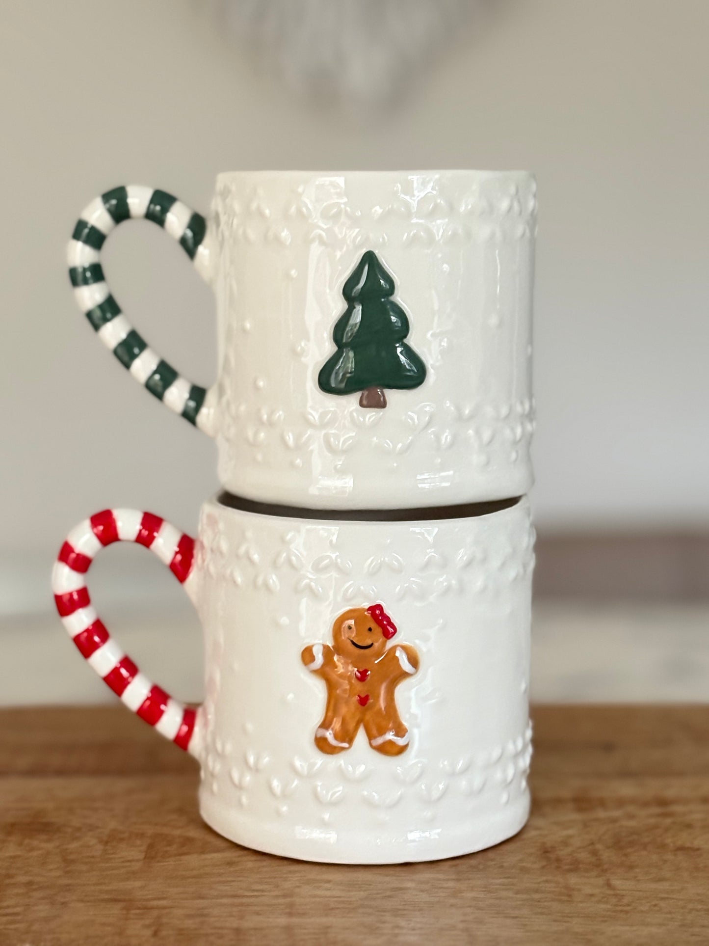 Christmas Gingerbread & Christmas Tree Mugs with Candy Cane Striped Handle