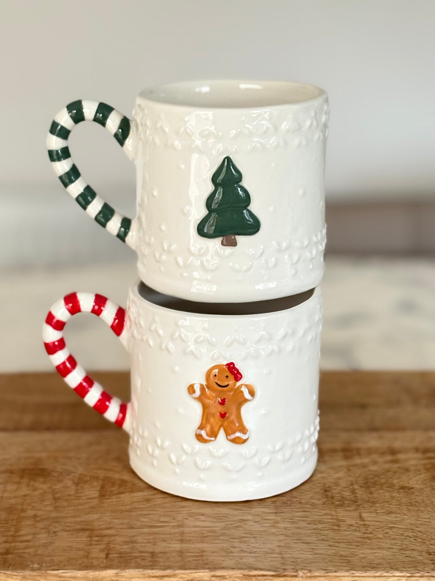 Christmas Gingerbread & Christmas Tree Mugs with Candy Cane Striped Handle