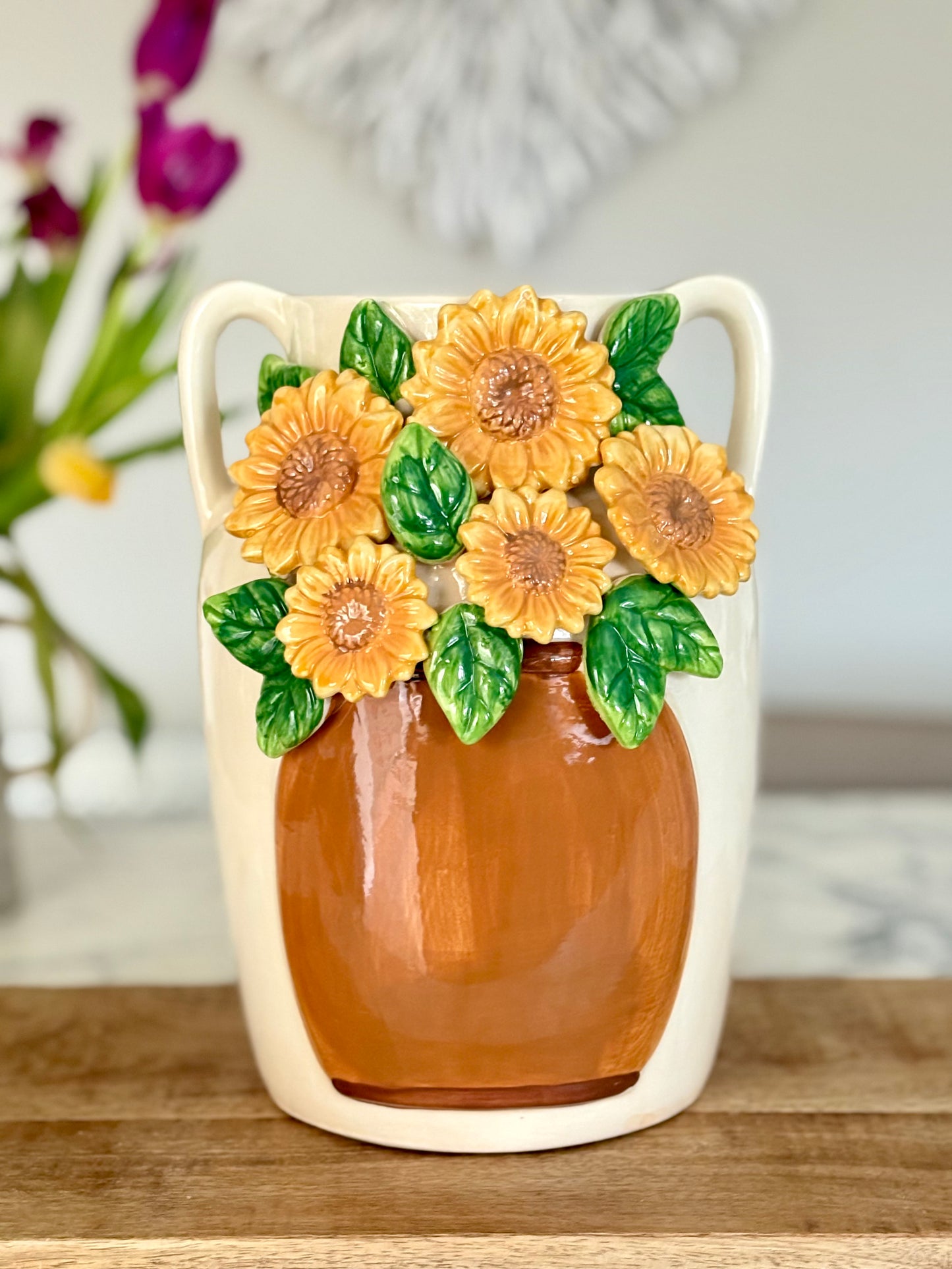 Large Ceramic 3D Sunflower Vase with Handles