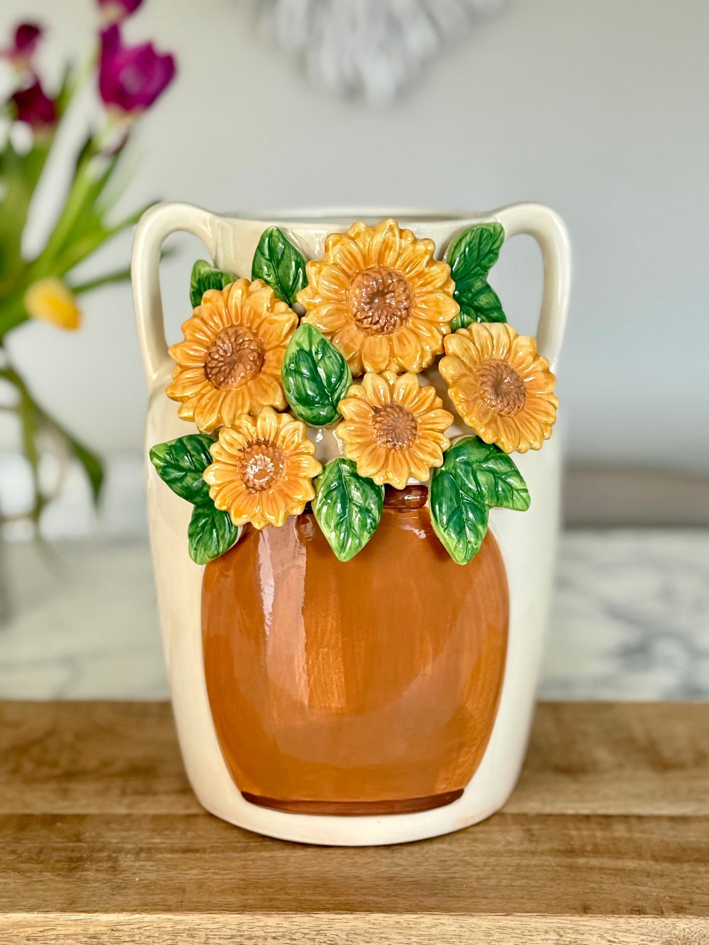Large Ceramic 3D Sunflower Vase with Handles