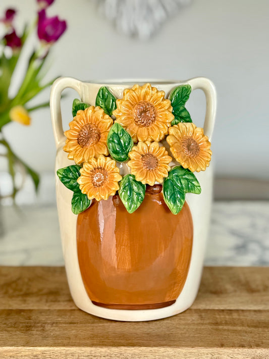 Large Ceramic 3D Sunflower Vase with Handles